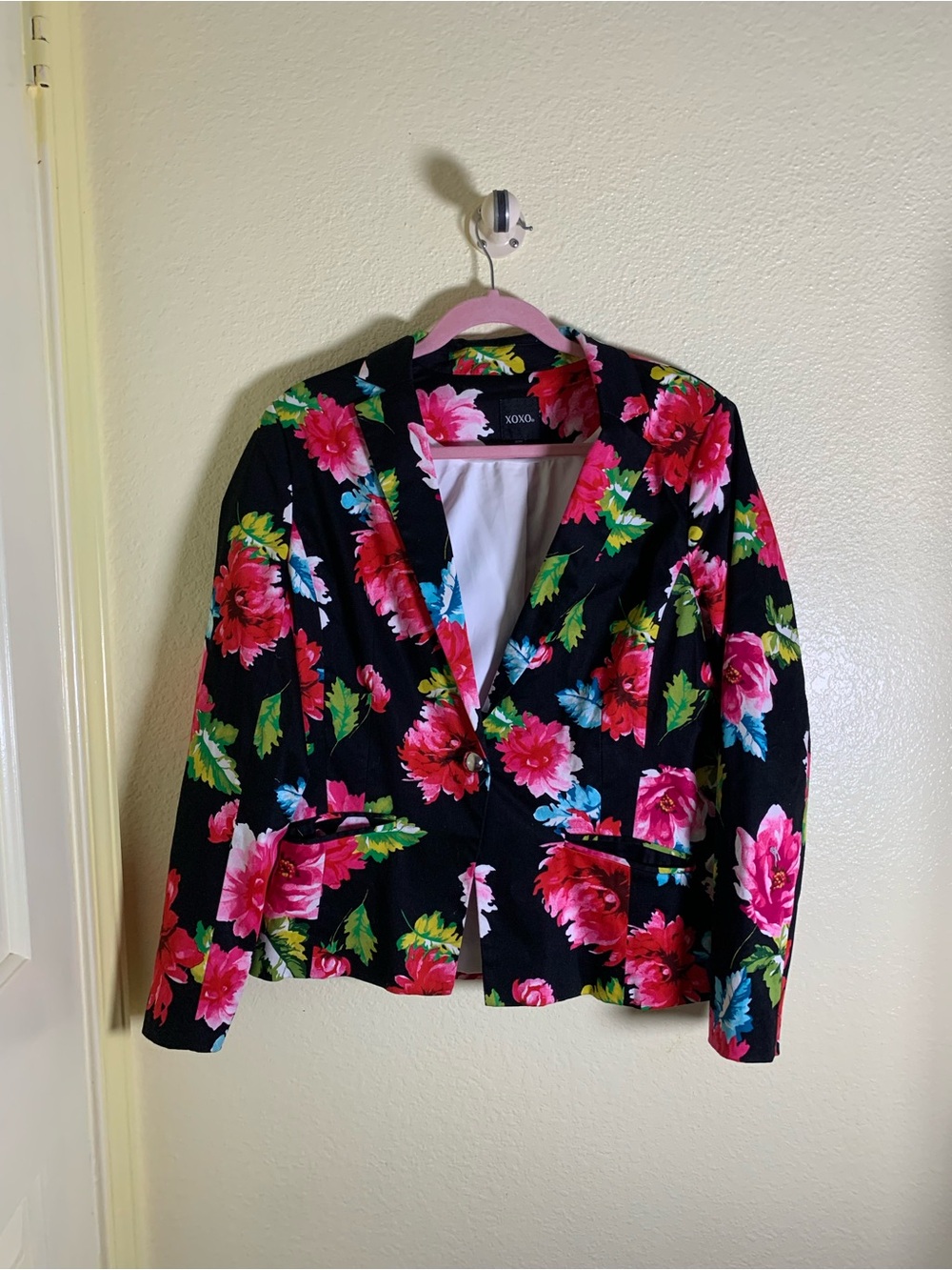 NWOT XOXO Black Blazer with Pink & Green Floral Print, Size XL